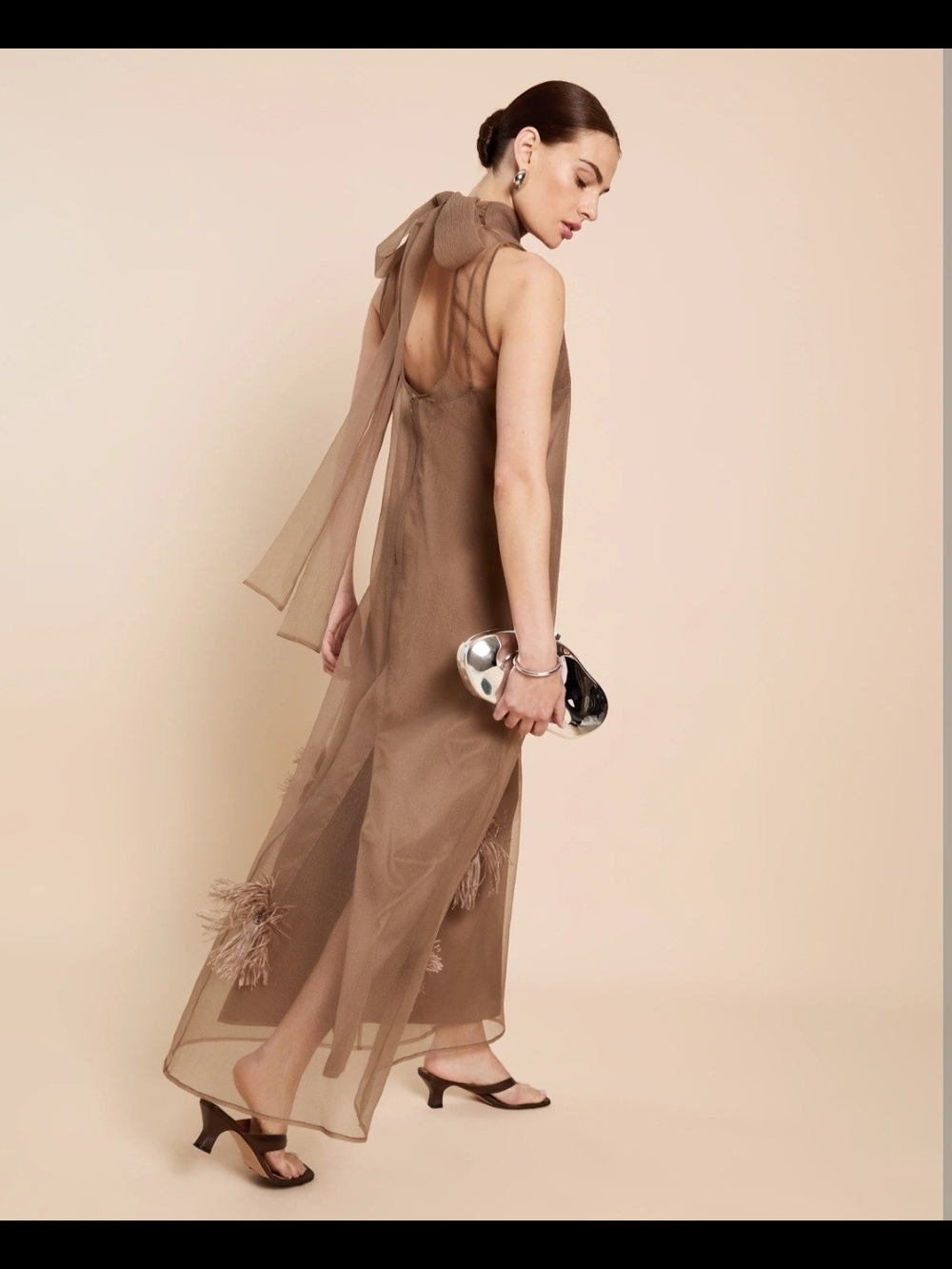 O.P.T. Naia Elegant Oatmeal Feather-Trim Maxi Dress - Picture 2 of 5